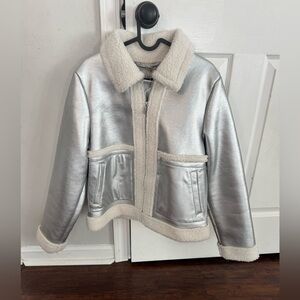 A New Day - Metallic Silver Faux Jacket with Cream Sherpa Trim